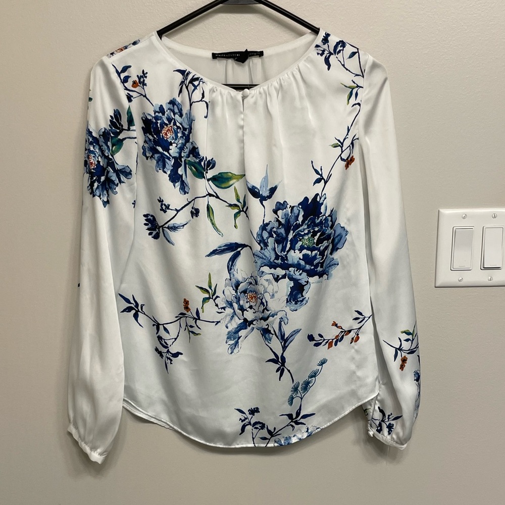 White satin blouse with blue floral design